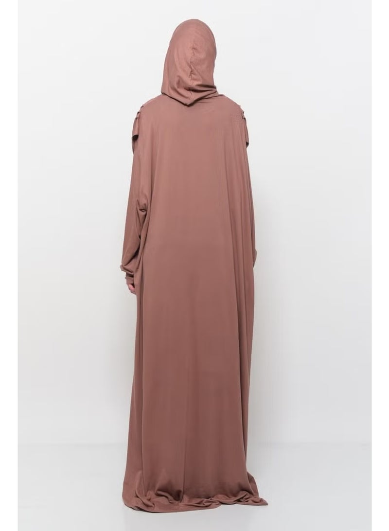 Altobeh Practical One Piece Cotton Bat Sleeves Removable Organic Hijab Prayer Dress with Headscarf - Earthenware - Image 5